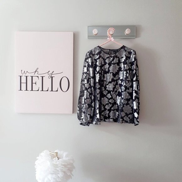 NWT Club Monaco black & silver metallic fibre burnout floral print sheer blouse - Picture 14 of 16